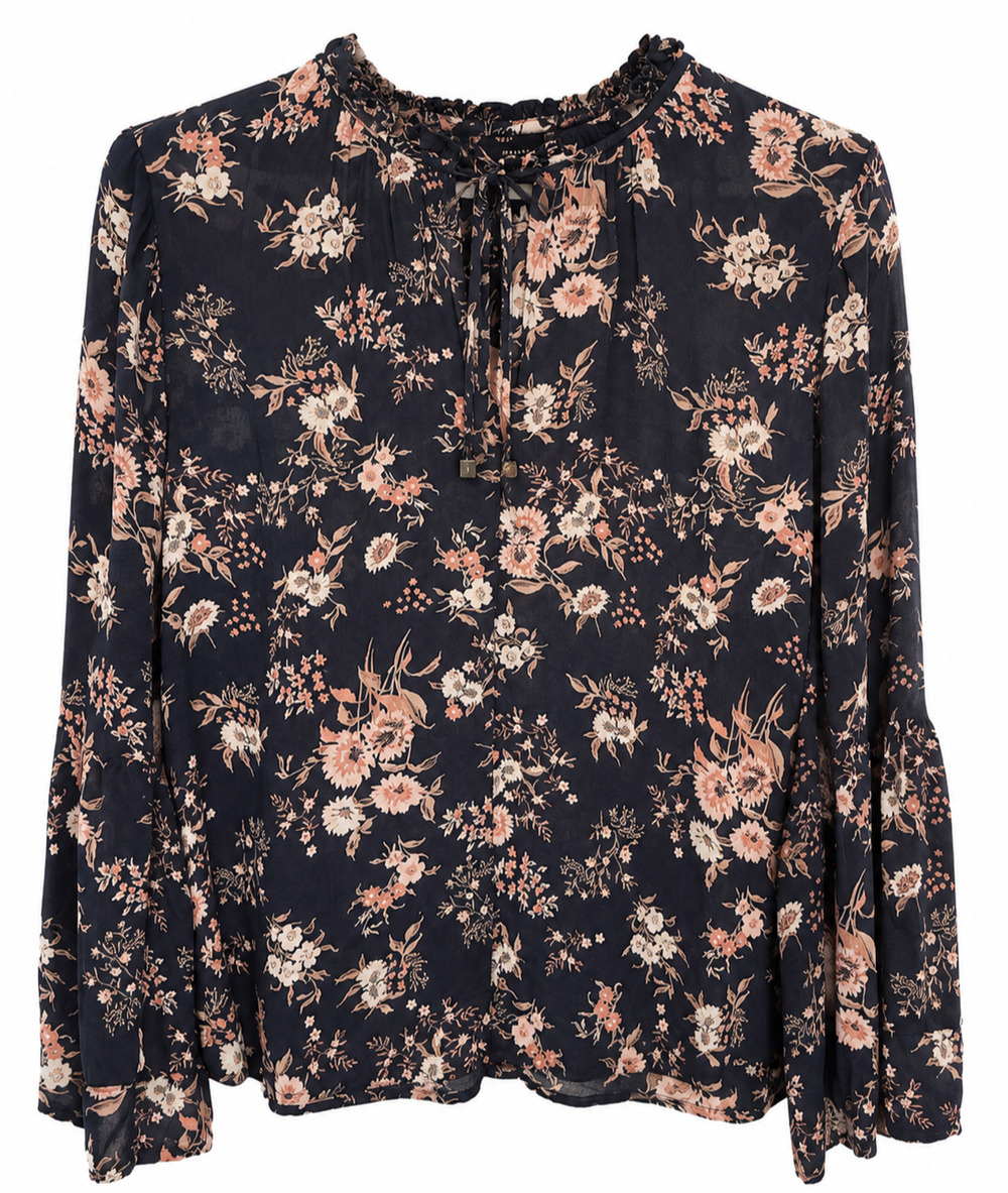Lucky Brand Boho Tunic Small Navy Floral Bell Sleeve Tie Neck Peasant Top Casual